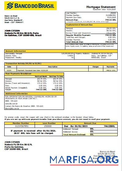 Realistic Brazil Banco do Brasil bank mortgage statement scr real example